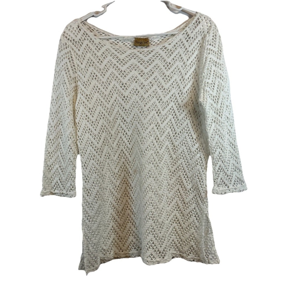 Midnight Velvet White Crochet‎ Open Knit Long Sleeve Top Beach Cover Up - Medium
